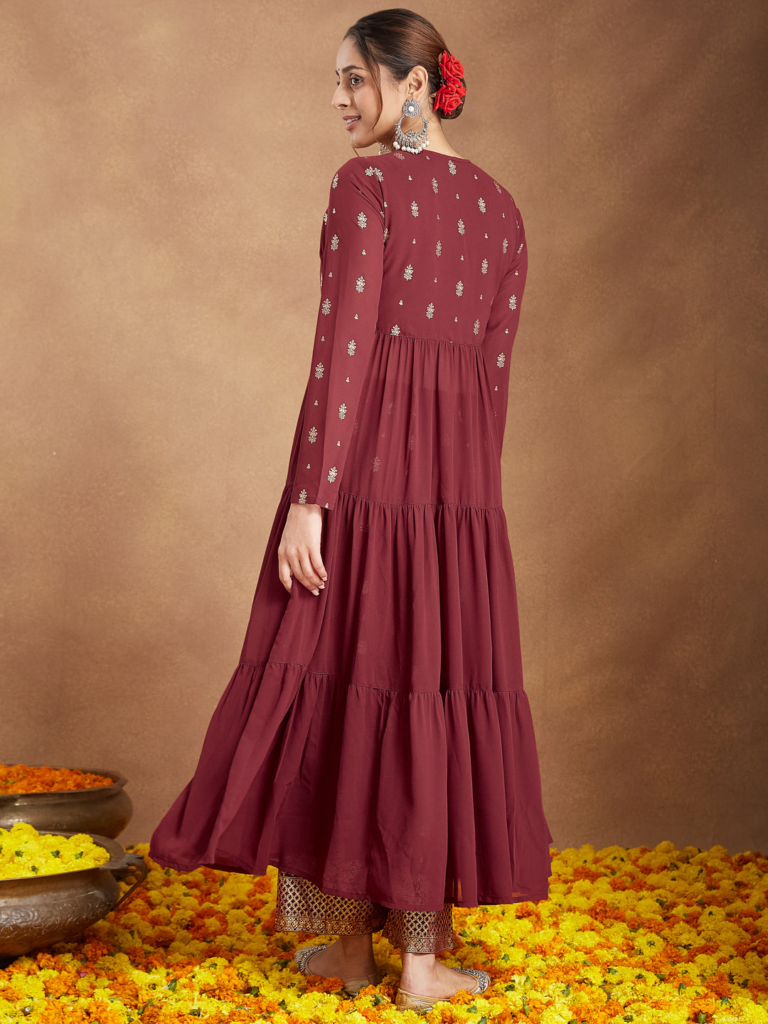 Ninnique Women's Maroon Georgette Embellished Foil Printed Front-open Tiered Kurta Pant Set