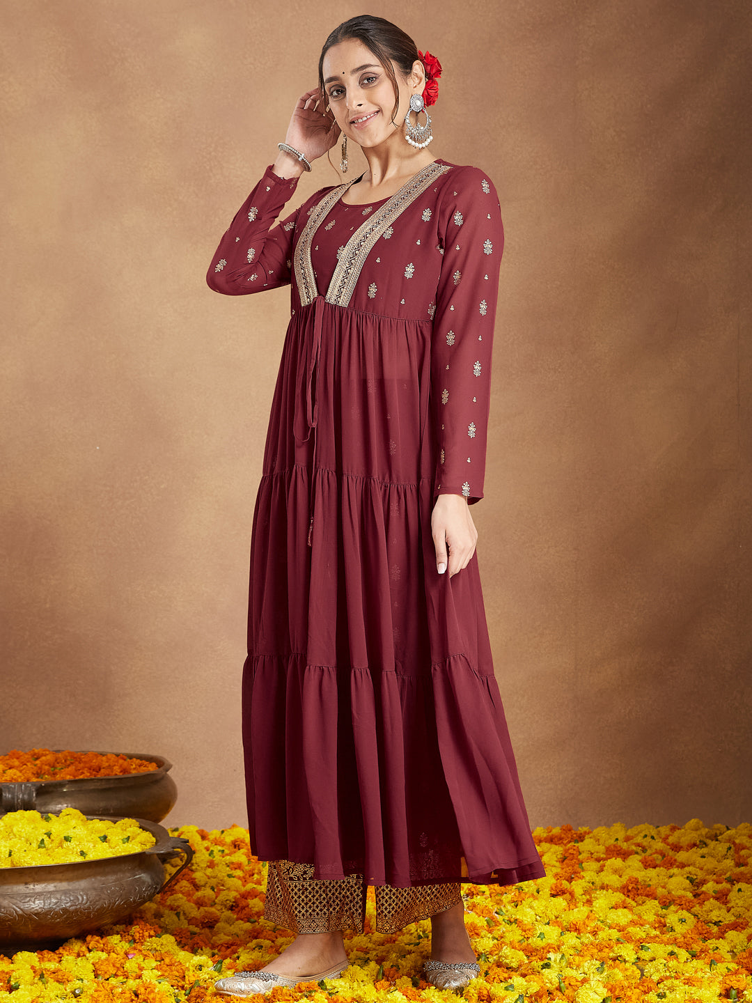 Ninnique Women's Maroon Georgette Embellished Foil Printed Front-open Tiered Kurta Pant Set