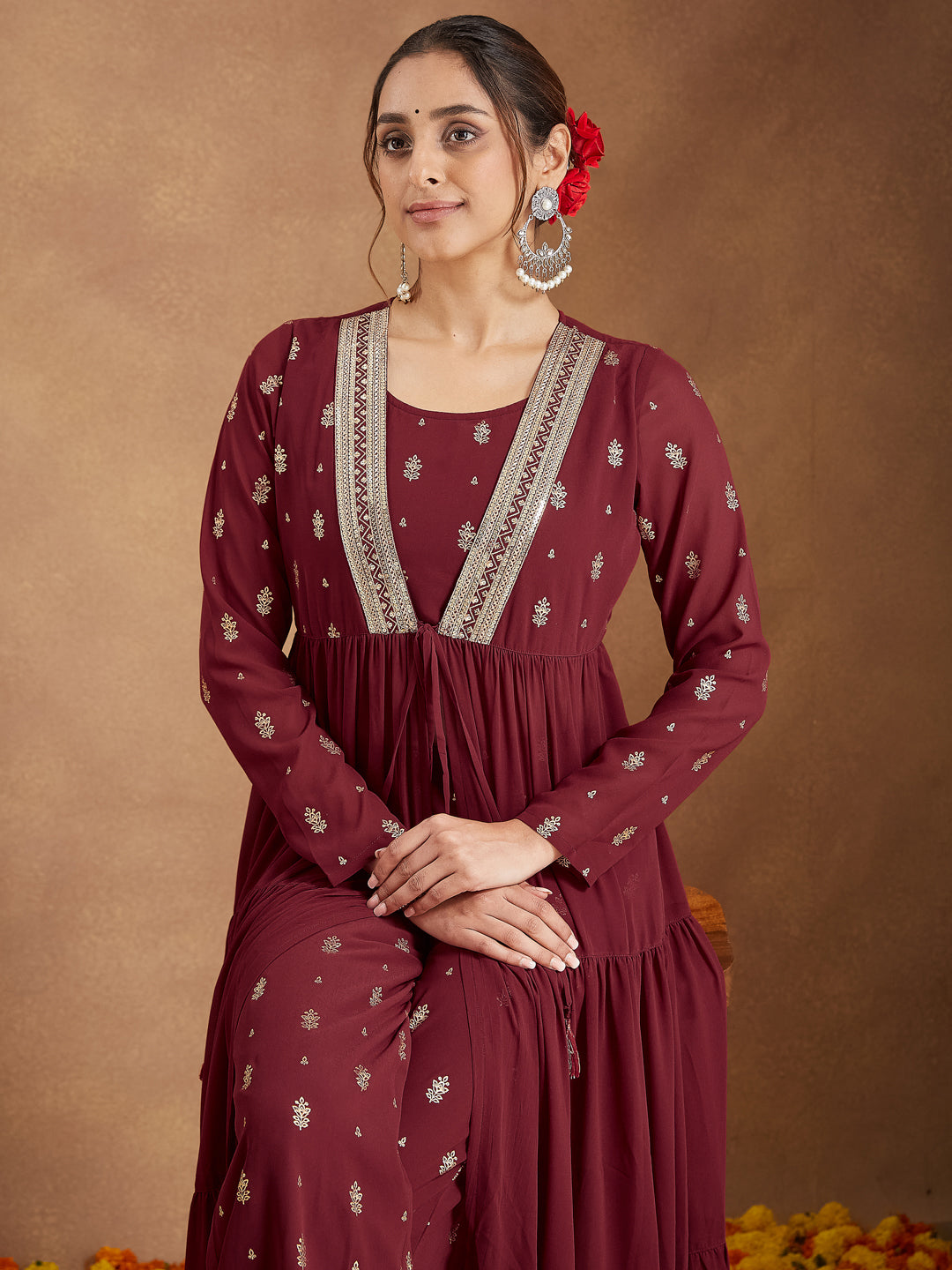 Ninnique Women's Maroon Georgette Embellished Foil Printed Front-open Tiered Kurta Pant Set