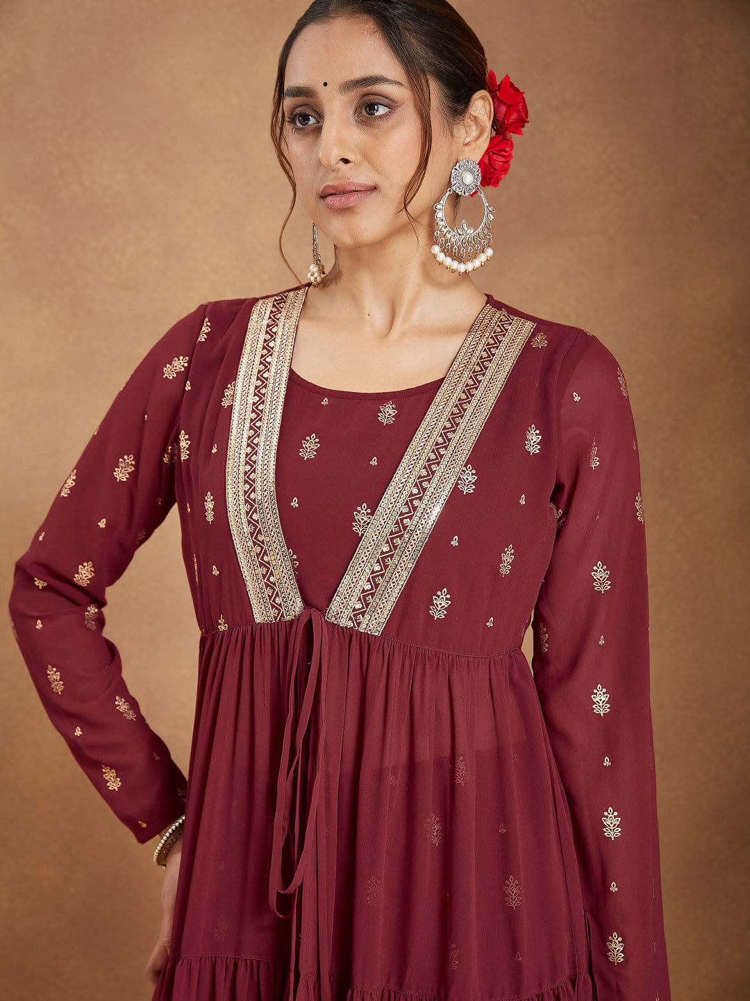 Ninnique Women's Maroon Georgette Embellished Foil Printed Front-open Tiered Kurta Pant Set