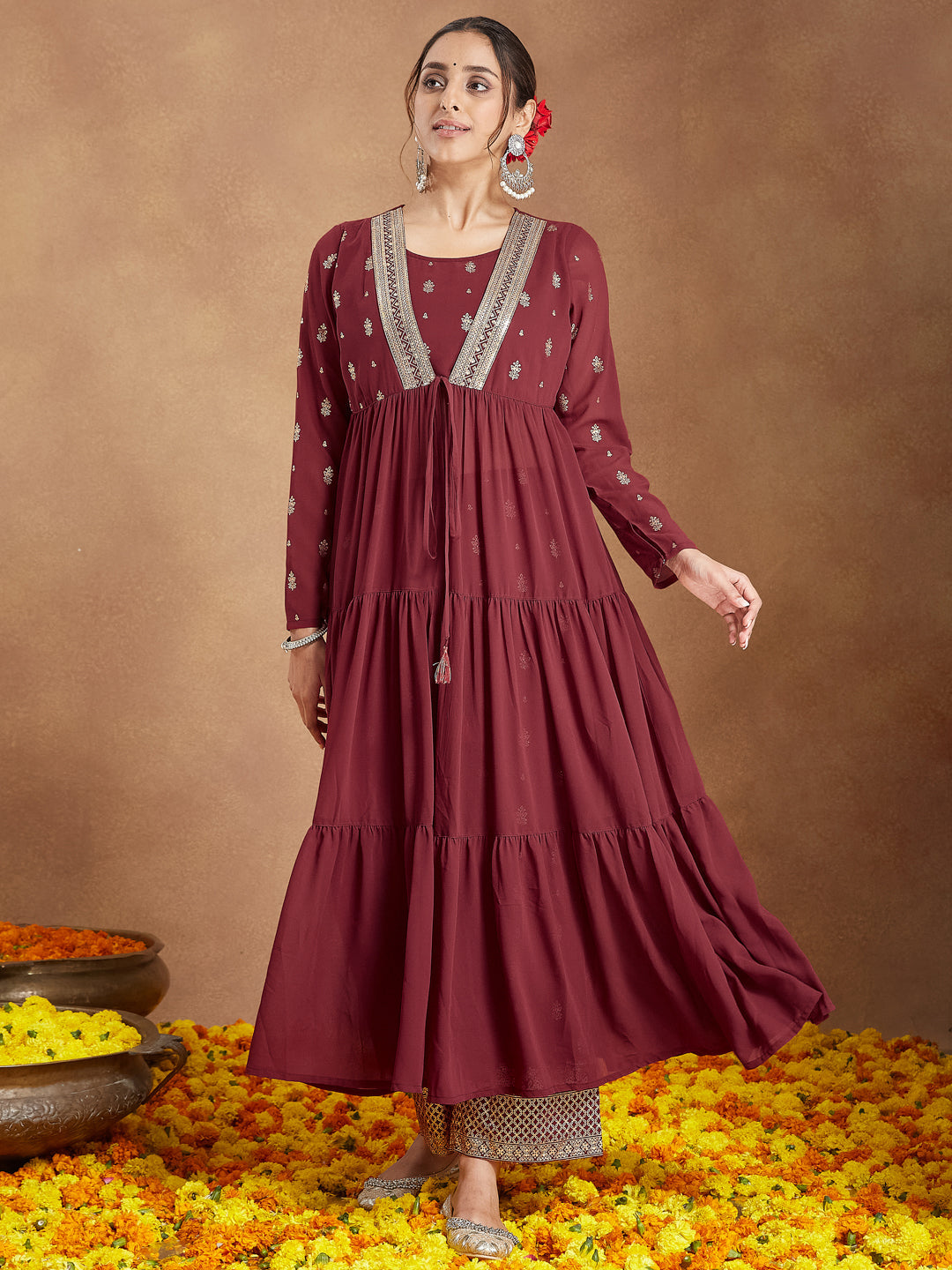 Ninnique Women's Maroon Georgette Embellished Foil Printed Front-open Tiered Kurta Pant Set