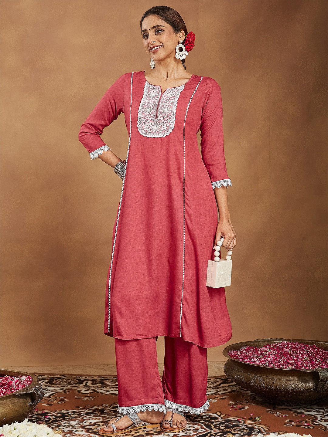 Ninnique Women's Rust Rayon Yoke Embroidered A-line Kurta With Palazzo Set