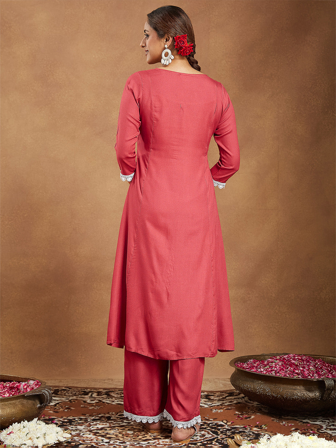 Ninnique Women's Rust Rayon Yoke Embroidered A-line Kurta With Palazzo Set