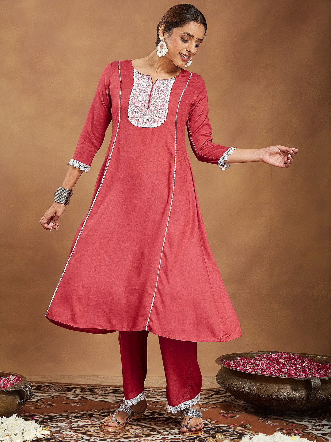 Ninnique Women's Rust Rayon Yoke Embroidered A-line Kurta With Palazzo Set