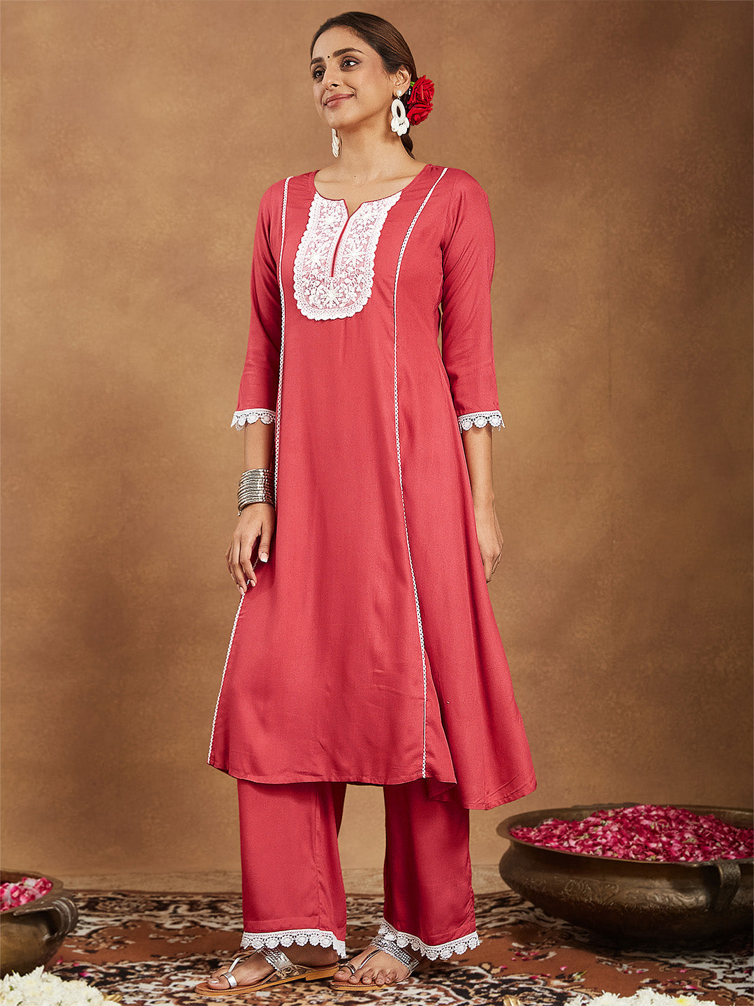 Ninnique Women's Rust Rayon Yoke Embroidered A-line Kurta With Palazzo Set