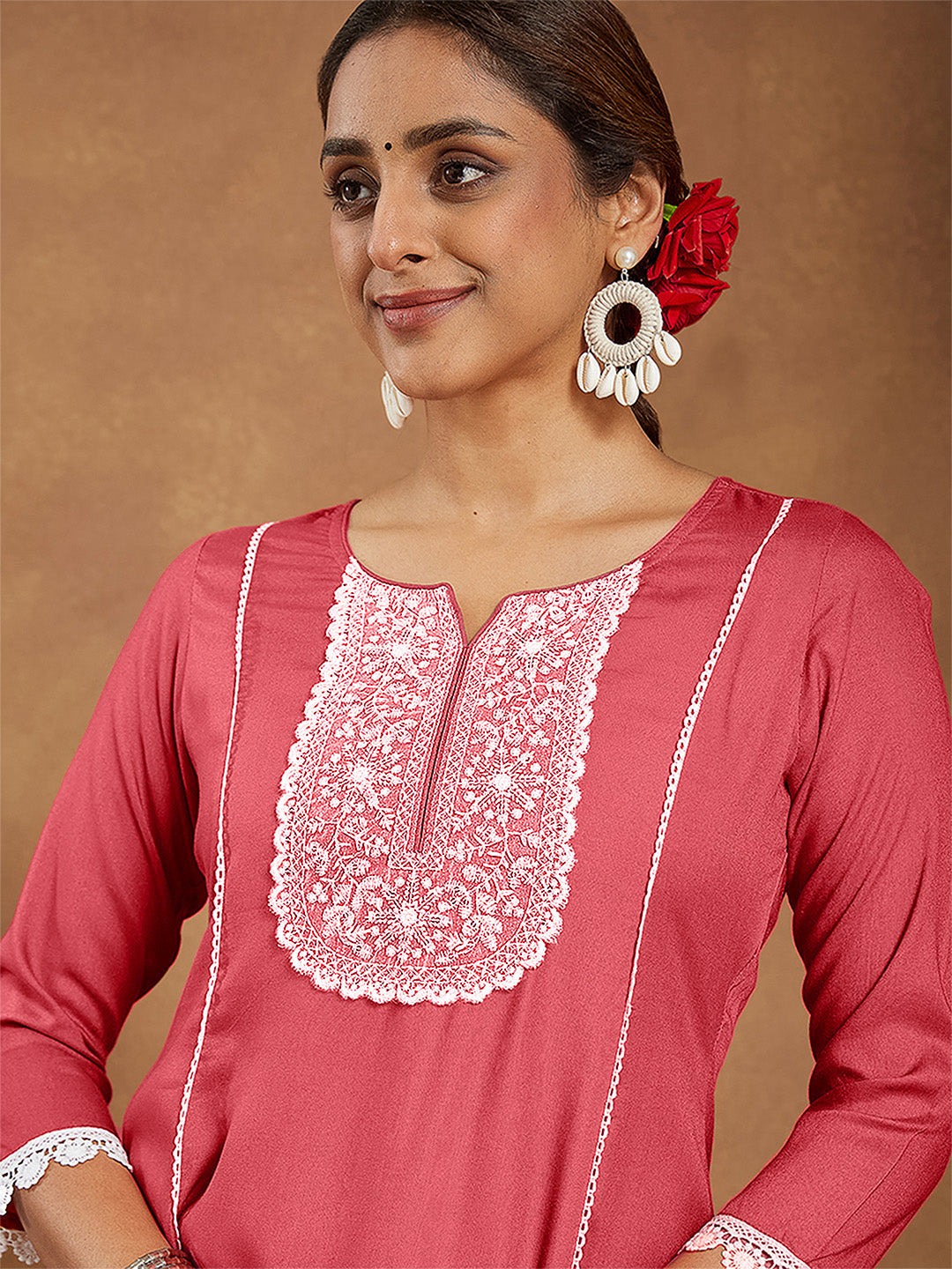 Ninnique Women's Rust Rayon Yoke Embroidered A-line Kurta With Palazzo Set