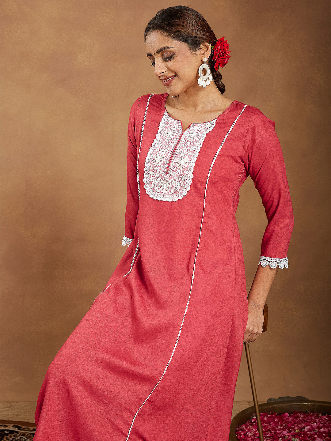 Ninnique Women's Rust Rayon Yoke Embroidered A-line Kurta With Palazzo Set