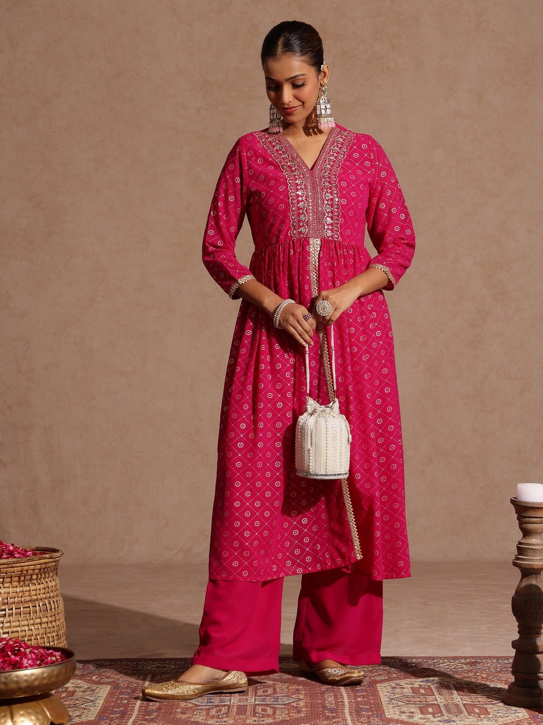 Ninnique Women's Pink Georgette Foil Printed Embellished A-line Front-open Kurta With Palazzo Set