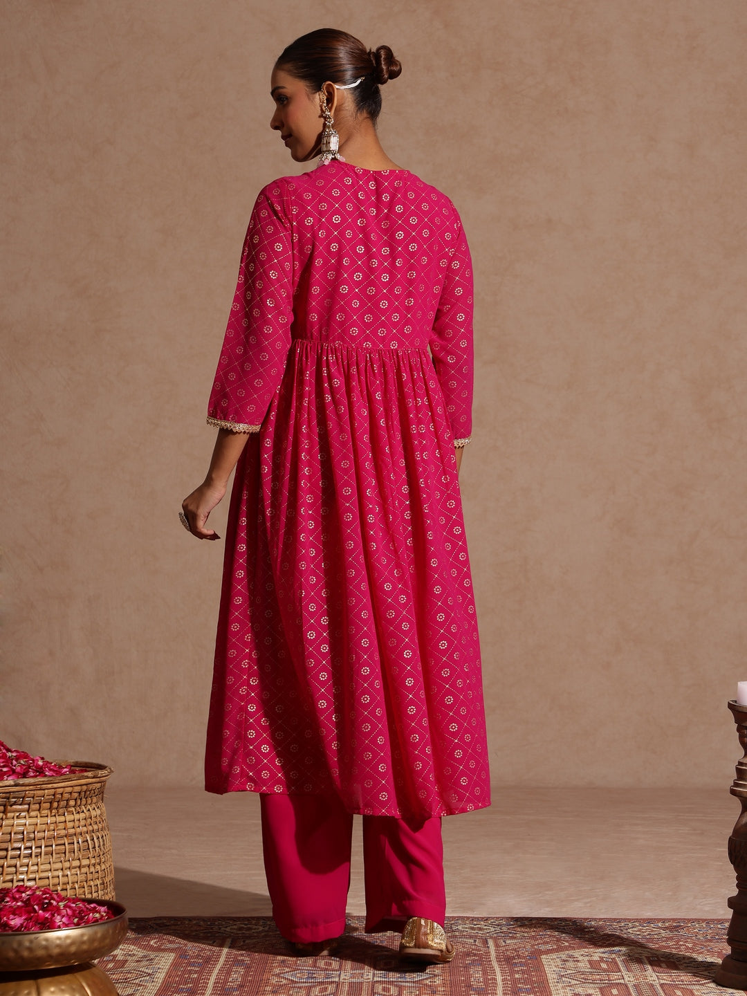 Ninnique Women's Pink Georgette Foil Printed Embellished A-line Front-open Kurta With Palazzo Set