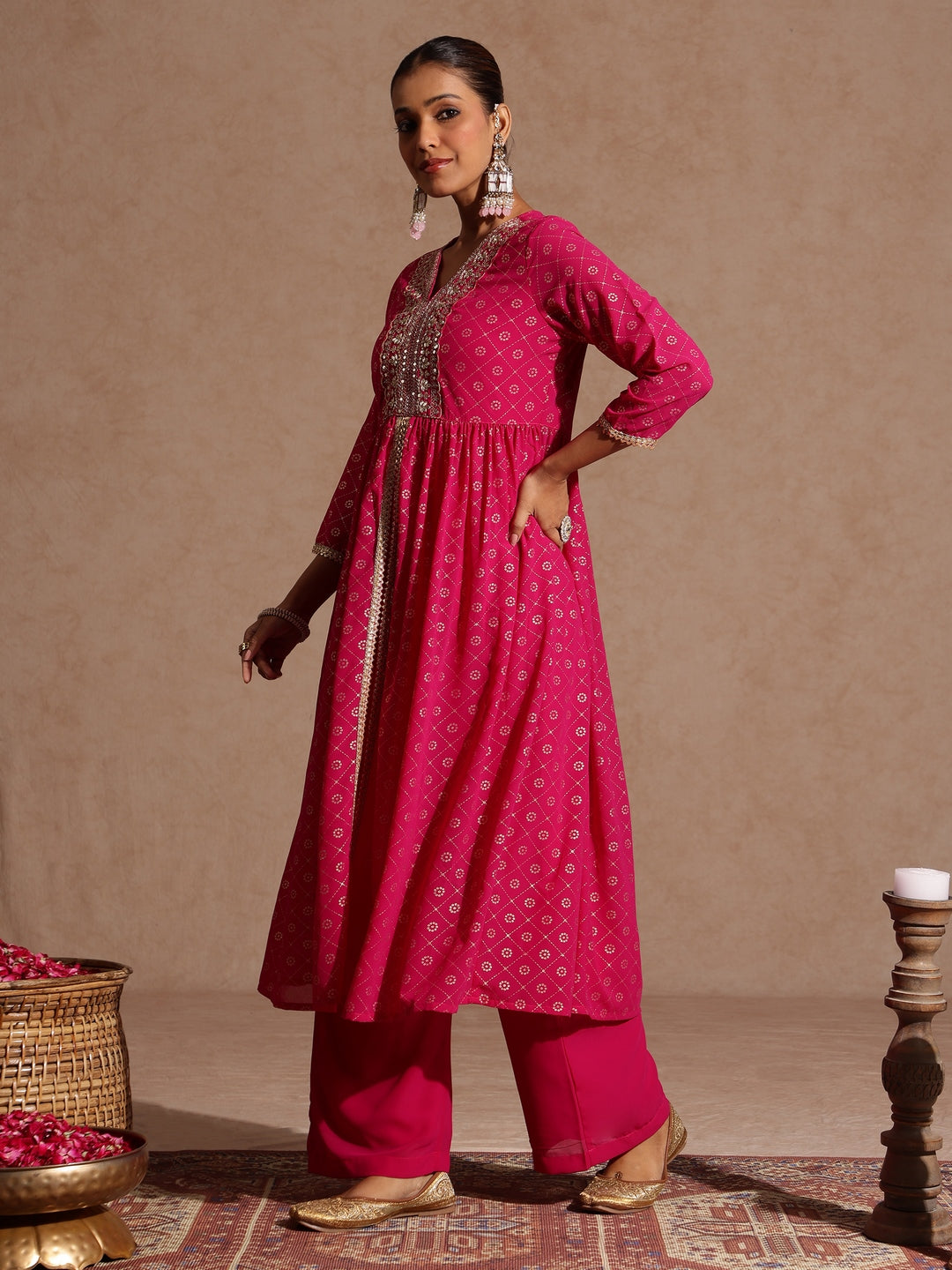 Ninnique Women's Pink Georgette Foil Printed Embellished A-line Front-open Kurta With Palazzo Set