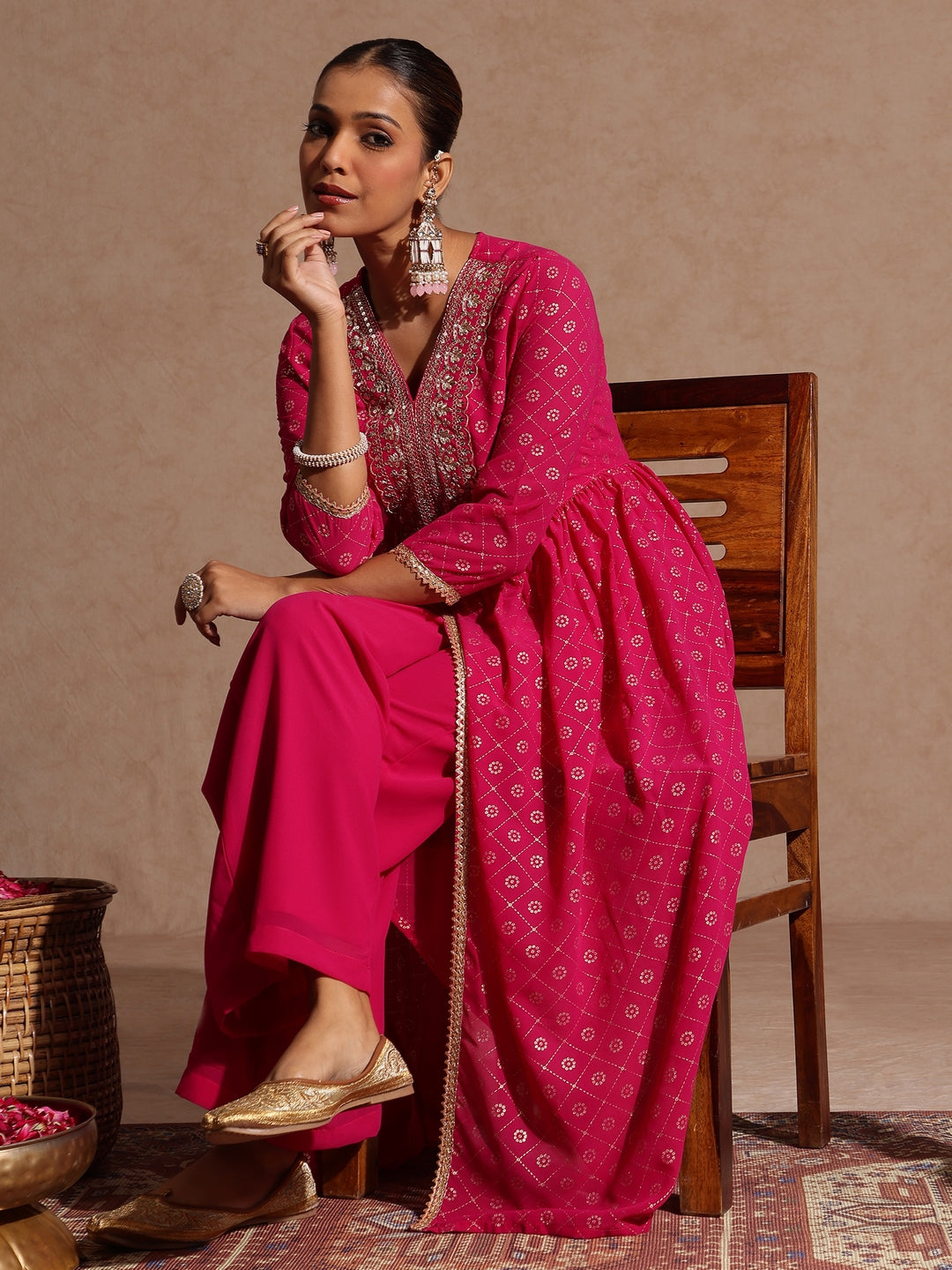 Ninnique Women's Pink Georgette Foil Printed Embellished A-line Front-open Kurta With Palazzo Set