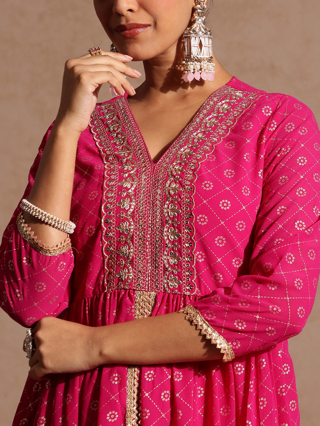 Ninnique Women's Pink Georgette Foil Printed Embellished A-line Front-open Kurta With Palazzo Set