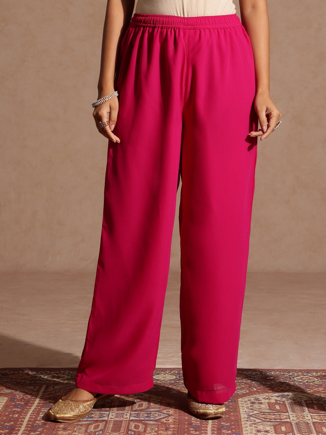 Ninnique Women's Pink Georgette Foil Printed Embellished A-line Front-open Kurta With Palazzo Set