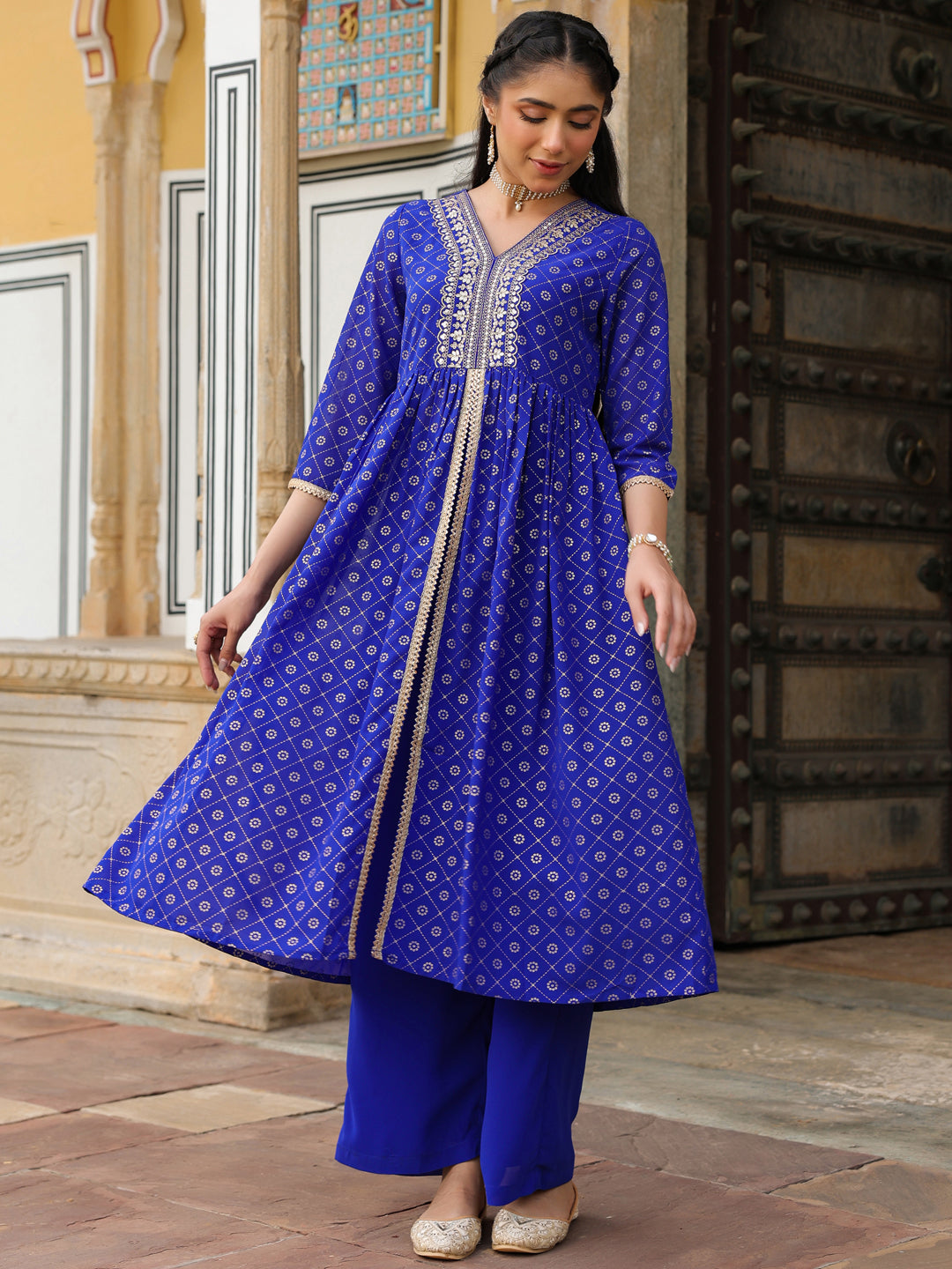Ninnique Women's Royal Blue Georgette Foil Printed Embellished A-line Front-slit Kurta With Palazzo Set