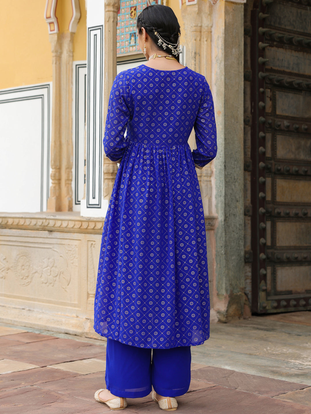 Ninnique Women's Royal Blue Georgette Foil Printed Embellished A-line Front-slit Kurta With Palazzo Set