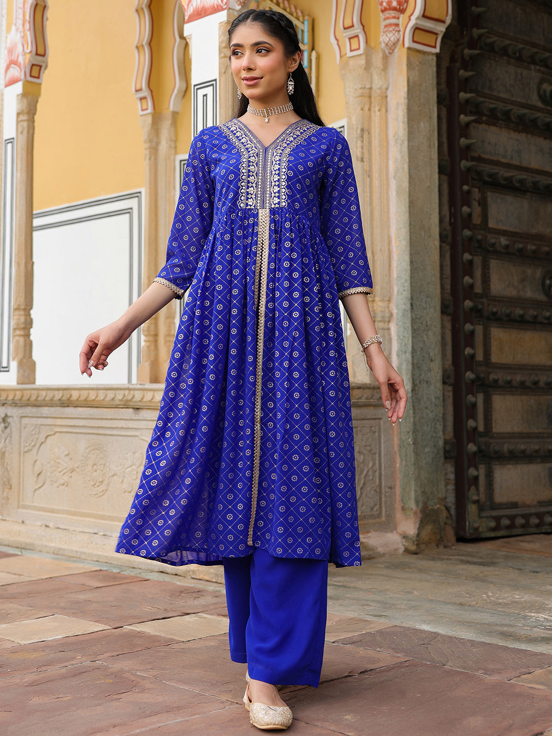 Ninnique Women's Royal Blue Georgette Foil Printed Embellished A-line Front-slit Kurta With Palazzo Set