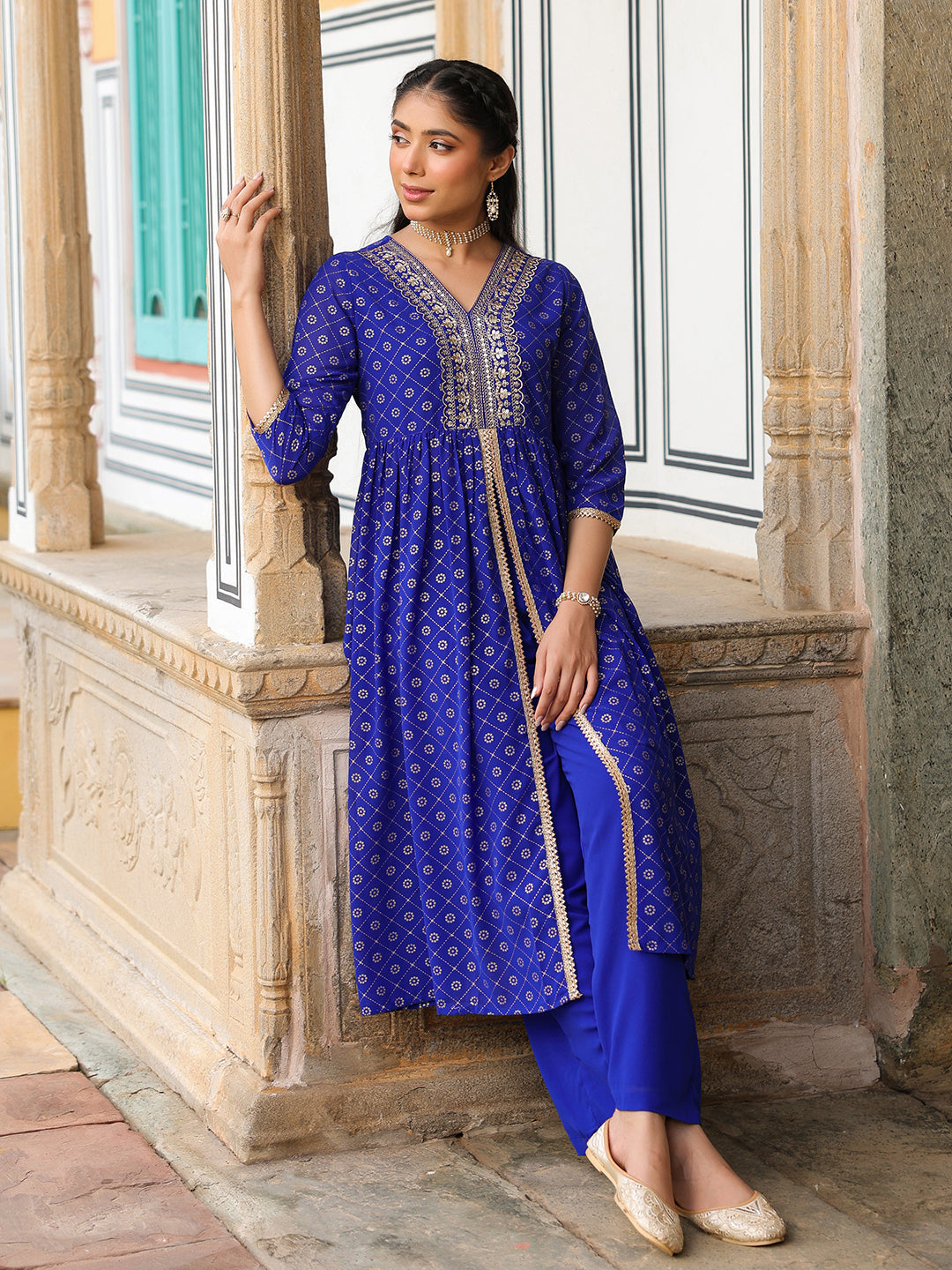 Ninnique Women's Royal Blue Georgette Foil Printed Embellished A-line Front-slit Kurta With Palazzo Set