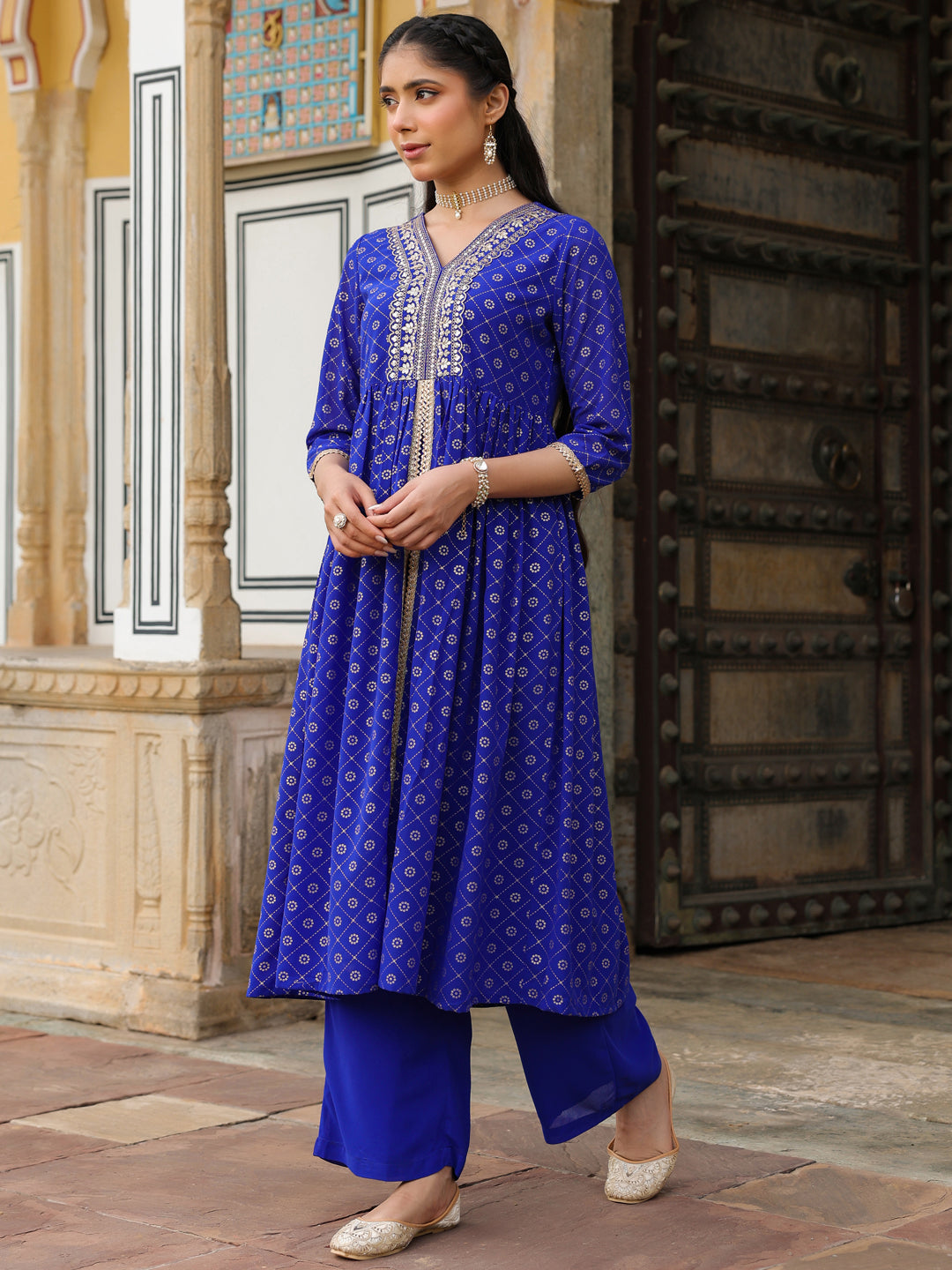 Ninnique Women's Royal Blue Georgette Foil Printed Embellished A-line Front-slit Kurta With Palazzo Set