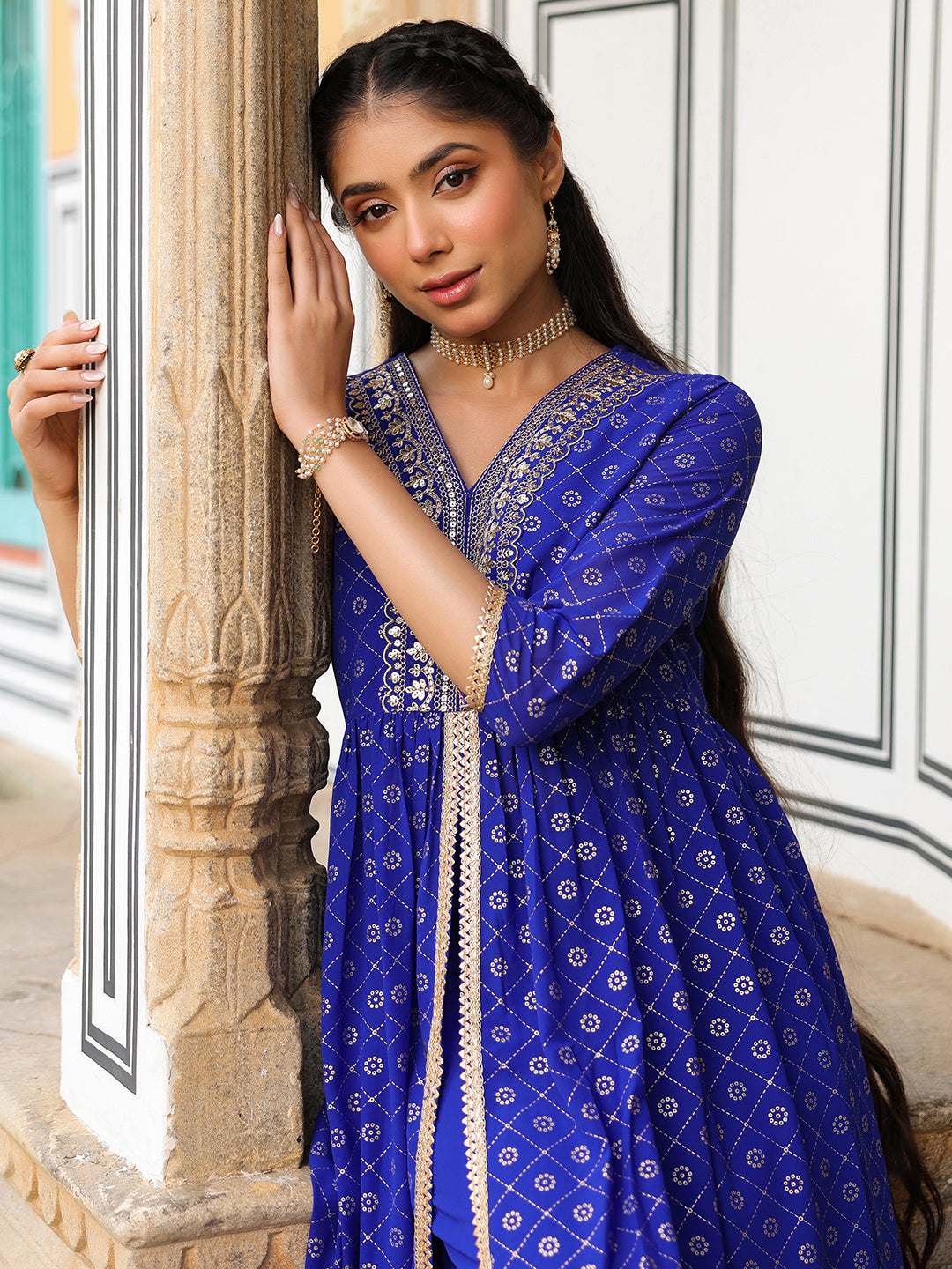 Ninnique Women's Royal Blue Georgette Foil Printed Embellished A-line Front-slit Kurta With Palazzo Set