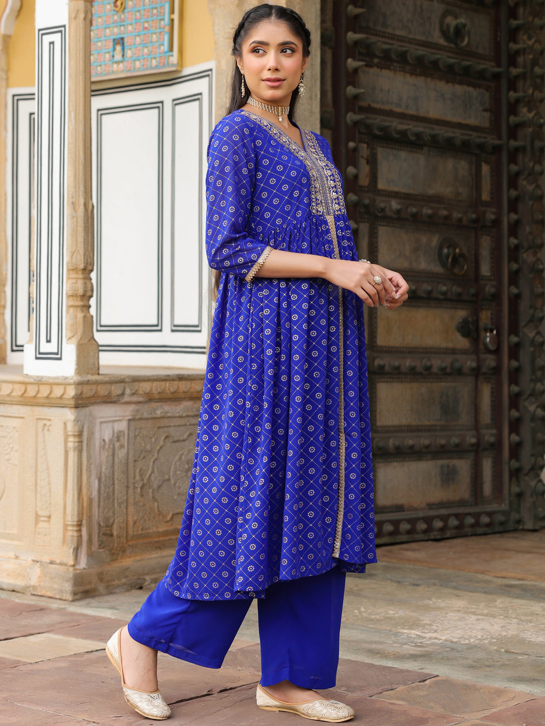 Ninnique Women's Royal Blue Georgette Foil Printed Embellished A-line Front-slit Kurta With Palazzo Set