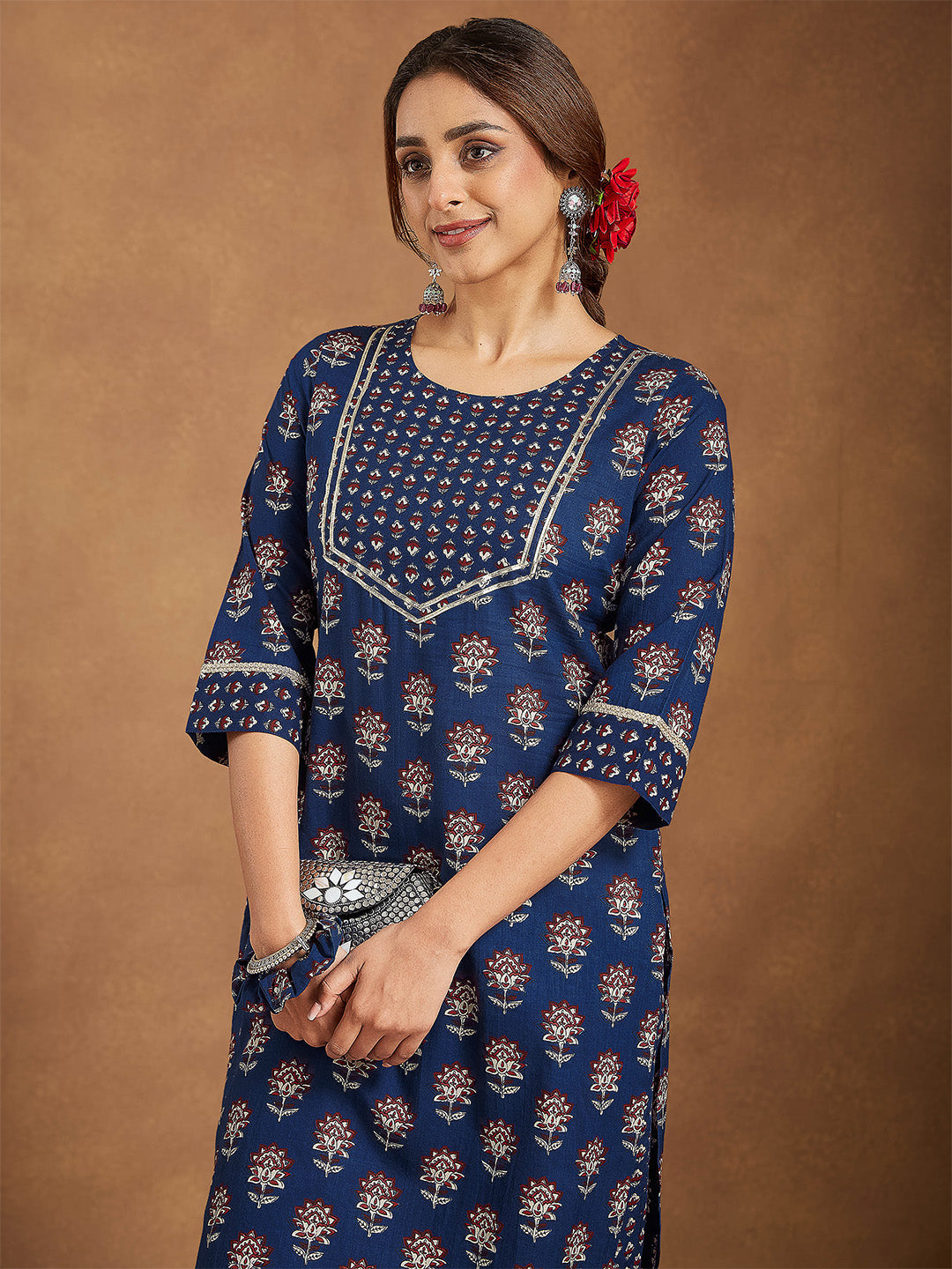 Ninnique Women's Dark Blue Pure Cotton Floral Printed Straight Kurta Pant Set