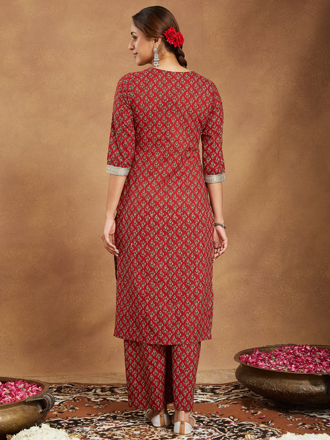 Ninnique Women's Maroon Pure Cotton Embellished Floral Printed Straight Kurta With Pant Set