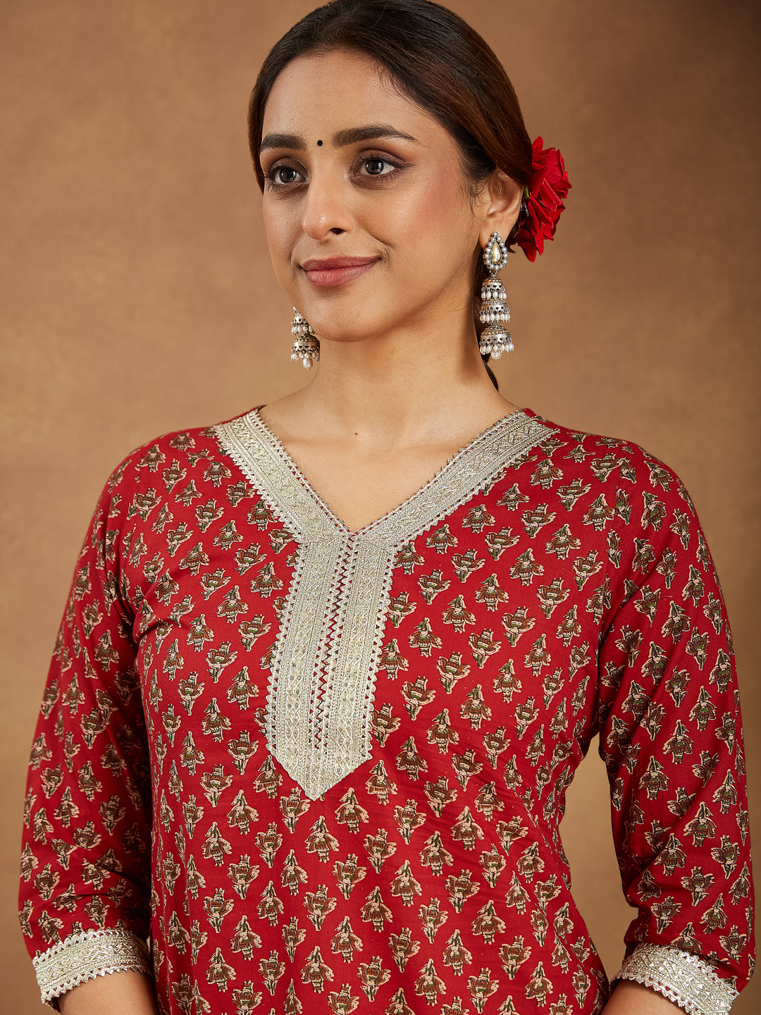 Ninnique Women's Maroon Pure Cotton Embellished Floral Printed Straight Kurta With Pant Set