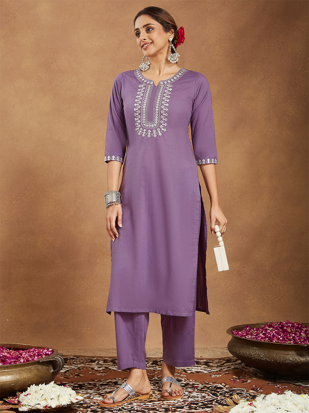 Ninnique Women's Lavender Pure Cotton Yoke Embroidered Straight Kurta Pant Set