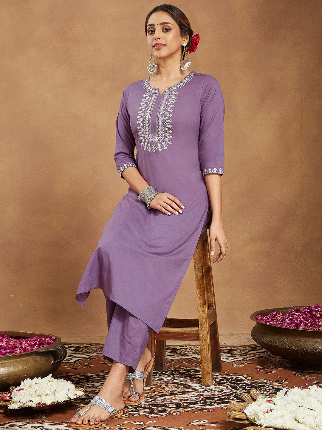 Ninnique Women's Lavender Pure Cotton Yoke Embroidered Straight Kurta Pant Set