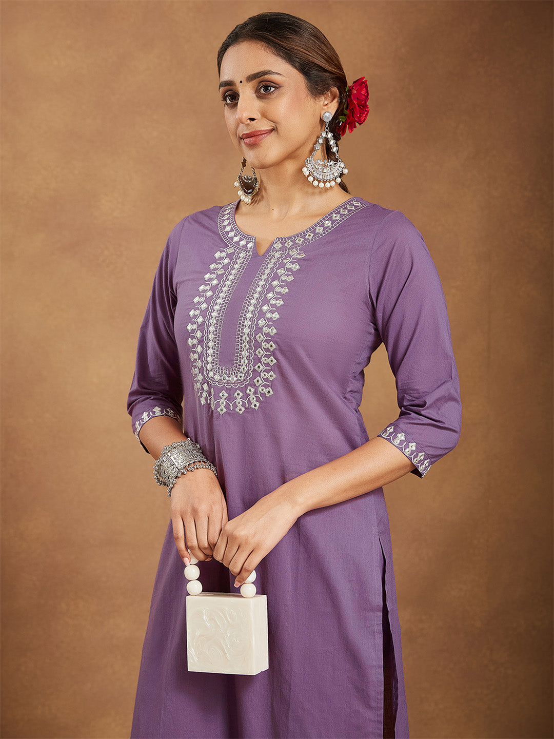 Ninnique Women's Lavender Pure Cotton Yoke Embroidered Straight Kurta Pant Set