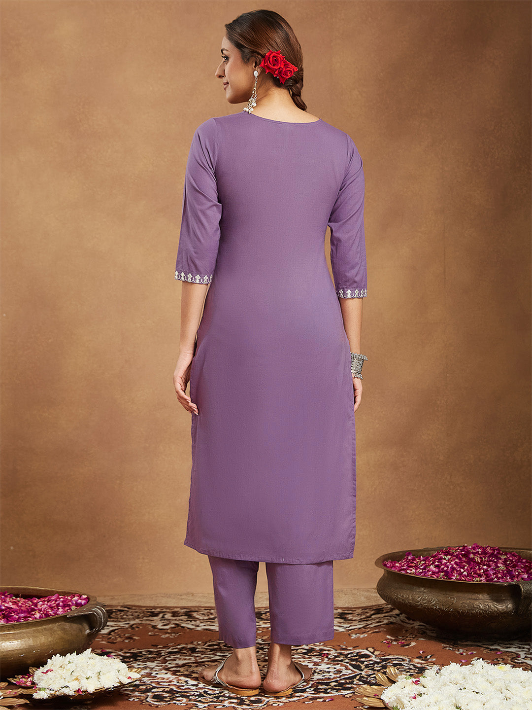 Ninnique Women's Lavender Pure Cotton Yoke Embroidered Straight Kurta Pant Set