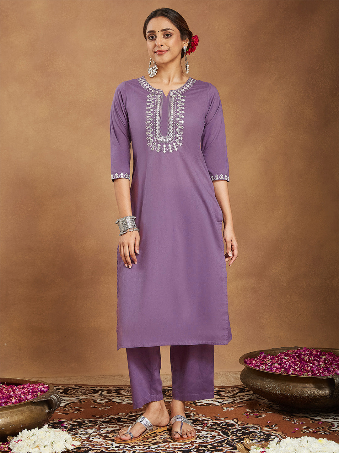 Ninnique Women's Lavender Pure Cotton Yoke Embroidered Straight Kurta Pant Set