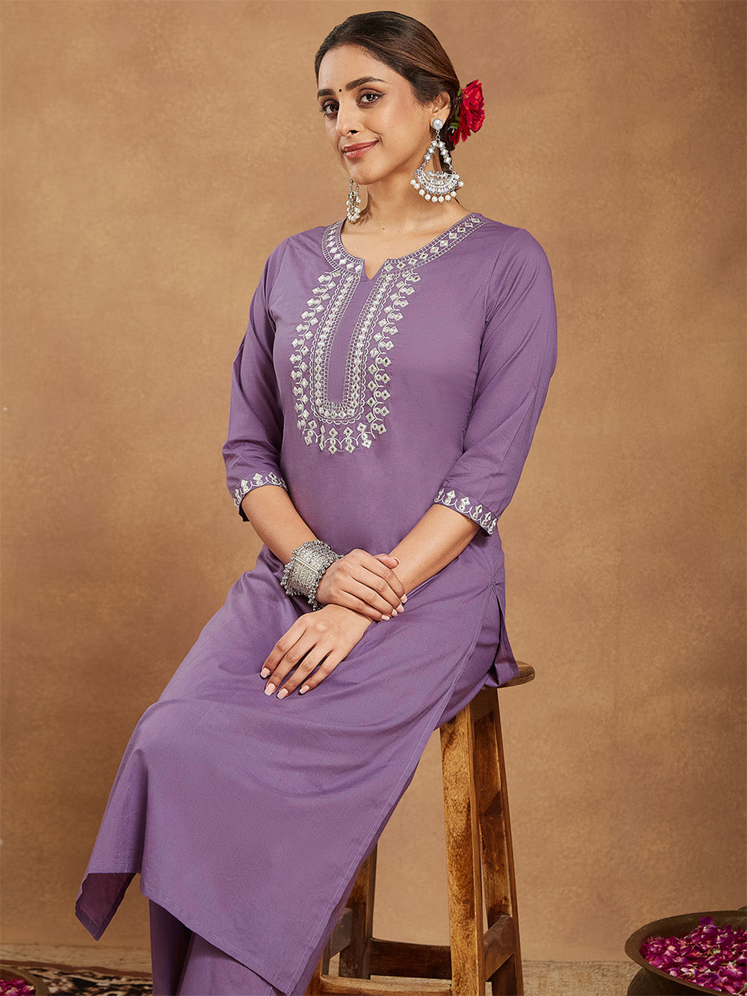 Ninnique Women's Lavender Pure Cotton Yoke Embroidered Straight Kurta Pant Set