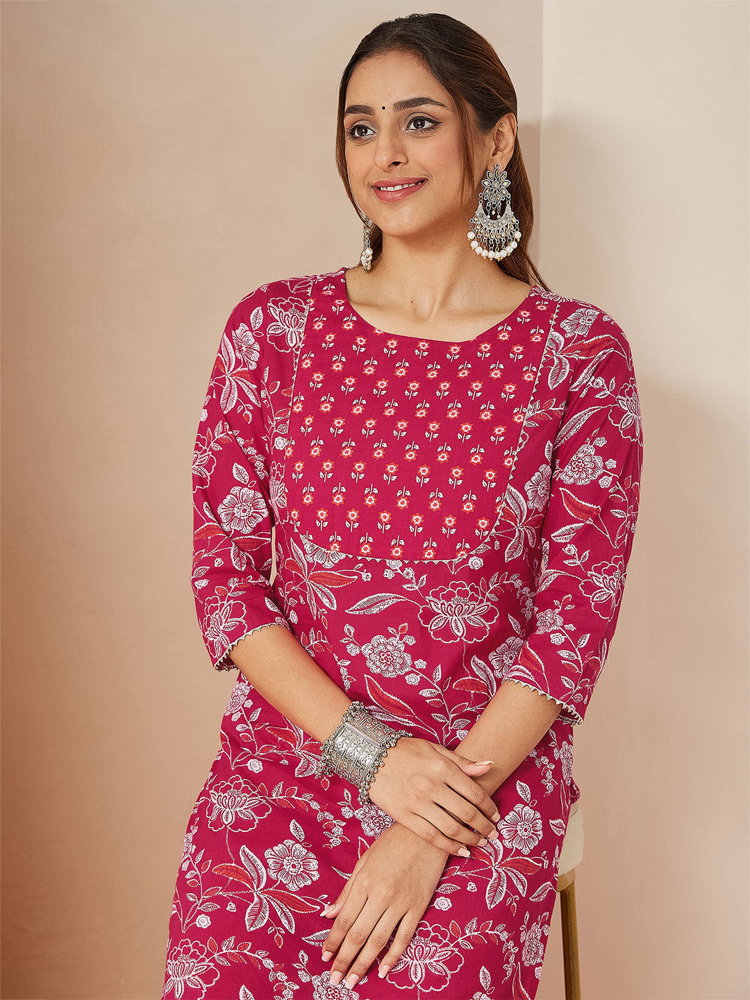 Ninnique Women's Magenta Pink Pure Cotton Floral Printed Straight Kurta Pant Set