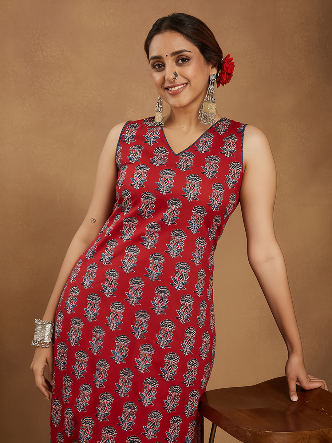 Ninnique Women's Maroon Pure Cotton Floral Printed Straight Kurta Pant Set