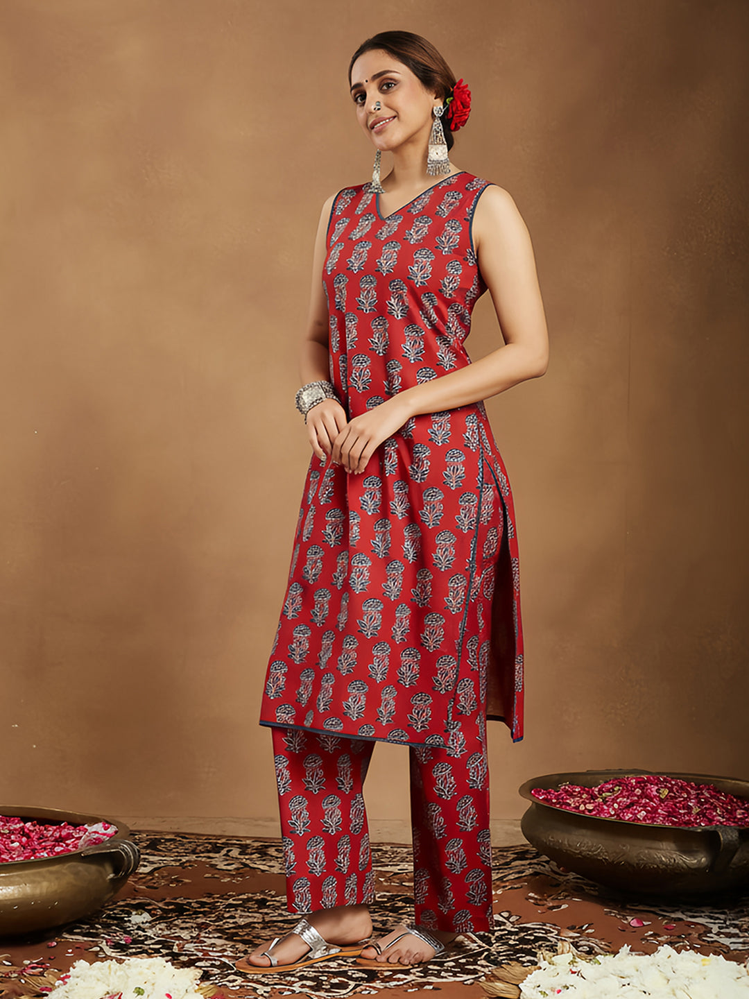Ninnique Women's Maroon Pure Cotton Floral Printed Straight Kurta Pant Set
