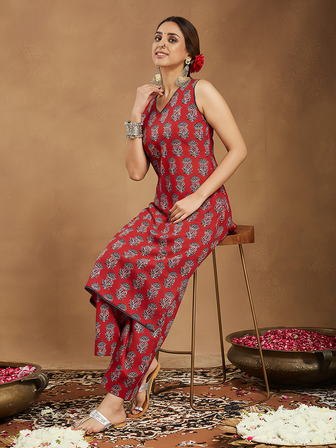 Ninnique Women's Maroon Pure Cotton Floral Printed Straight Kurta Pant Set