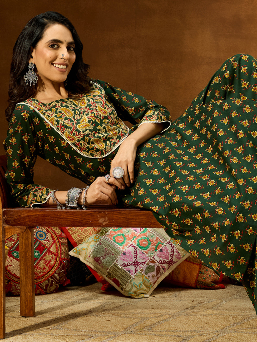 Ninnique Women's Green Pure Cotton Floral Printed Straight Kurta Set