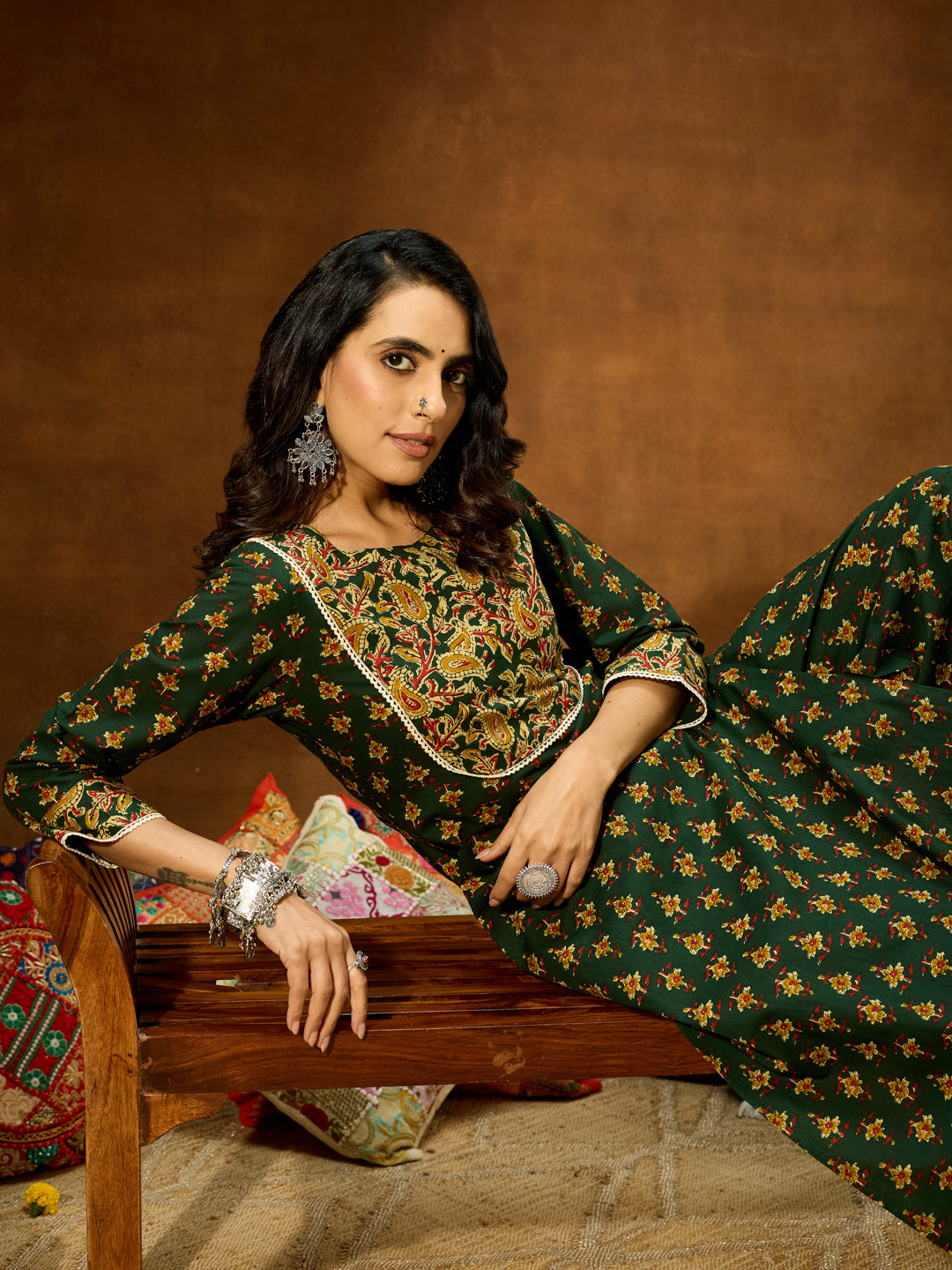 Ninnique Women's Green Pure Cotton Floral Printed Straight Kurta Set