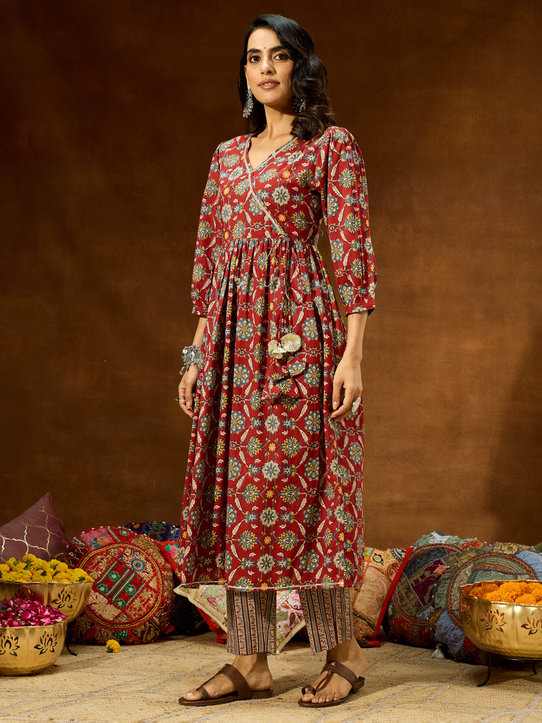 Ninnique Women's Maroon Pure Cotton Floral Printed A-line Kurta Pant Set