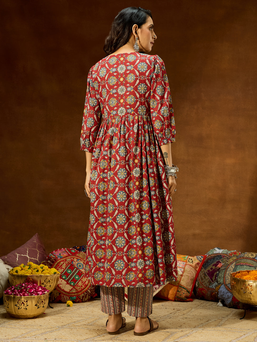 Ninnique Women's Maroon Pure Cotton Floral Printed A-line Kurta Pant Set