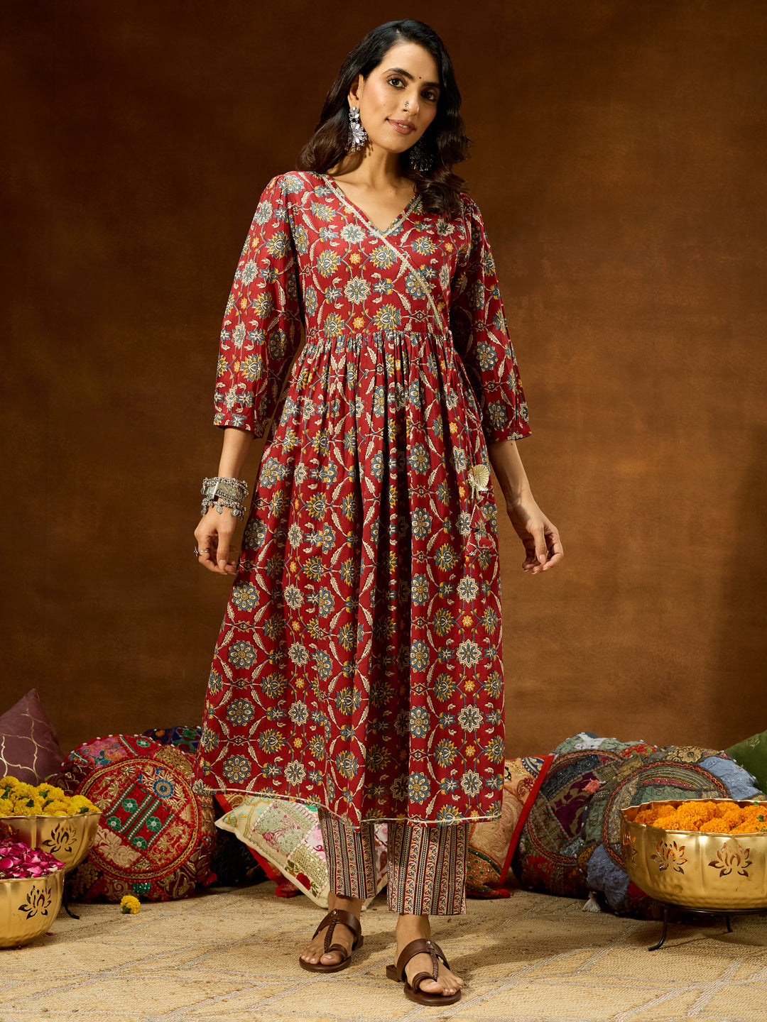 Ninnique Women's Maroon Pure Cotton Floral Printed A-line Kurta Pant Set