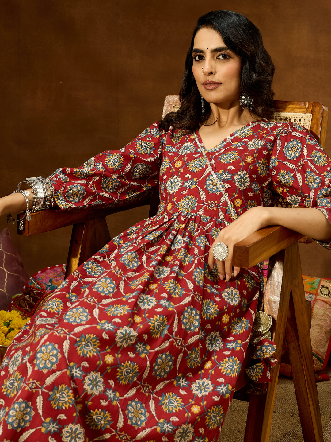 Ninnique Women's Maroon Pure Cotton Floral Printed A-line Kurta Pant Set