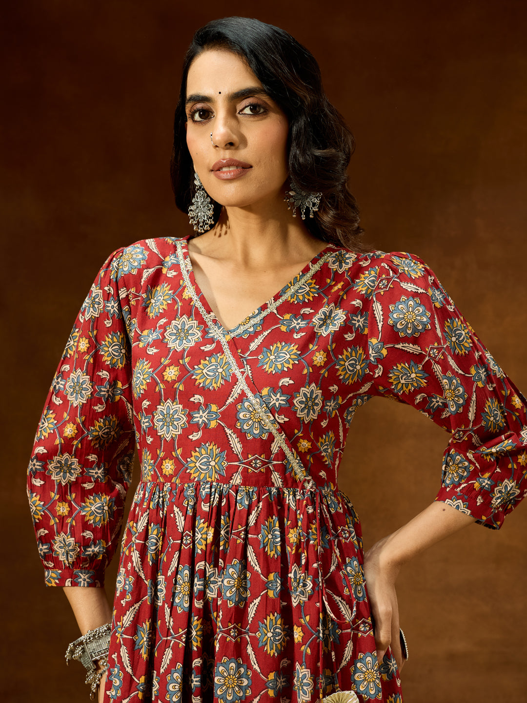 Ninnique Women's Maroon Pure Cotton Floral Printed A-line Kurta Pant Set