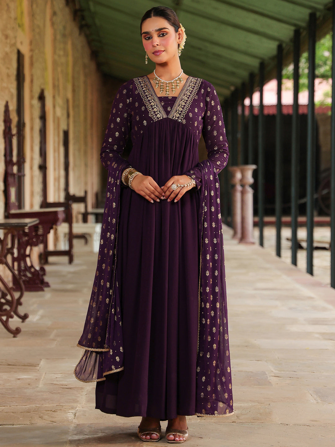 Ninnique Women's Purple Georgette Embellished Foil Printed Gathered Kurta With Dupatta Set