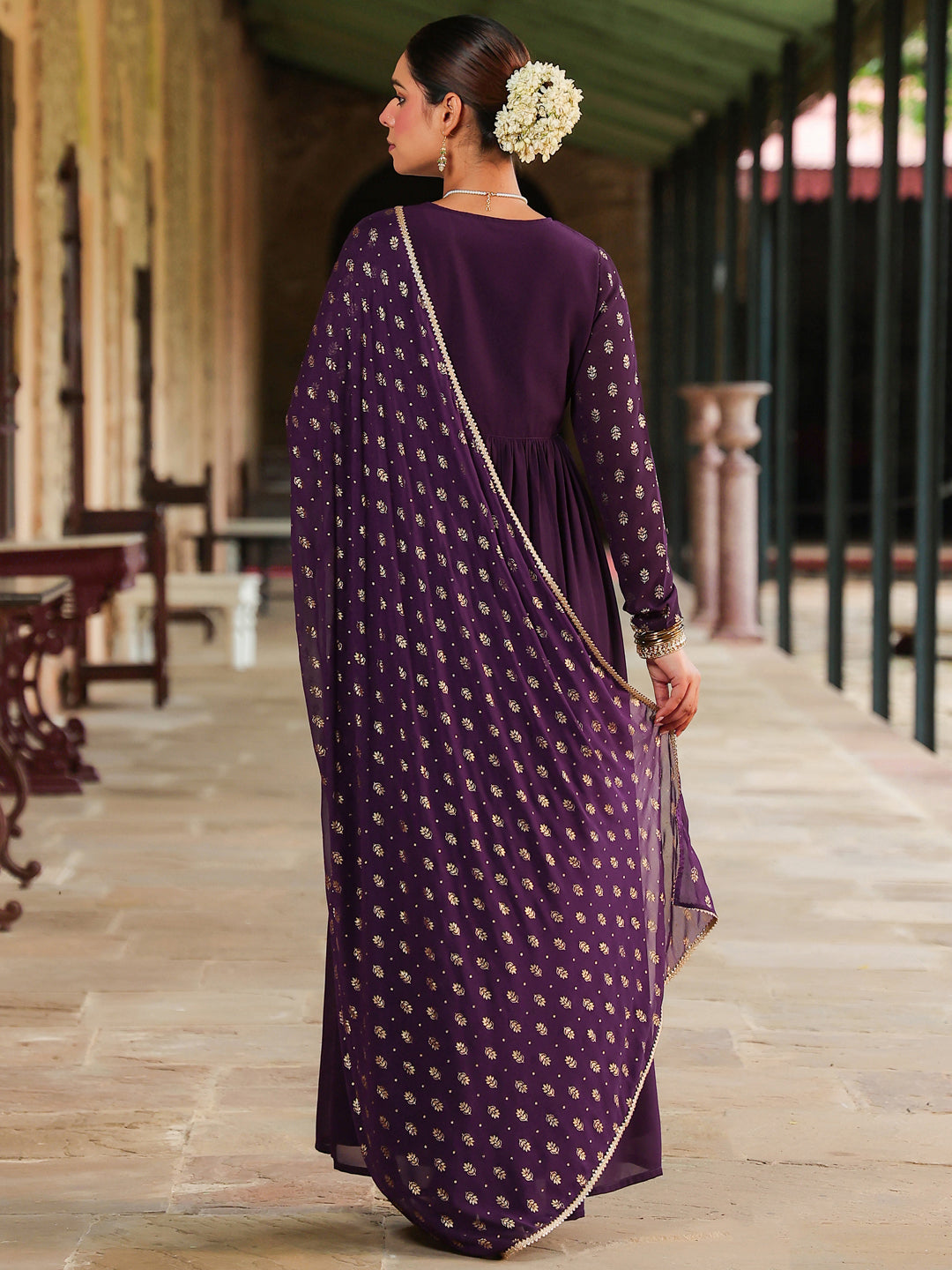 Ninnique Women's Purple Georgette Embellished Foil Printed Gathered Kurta With Dupatta Set