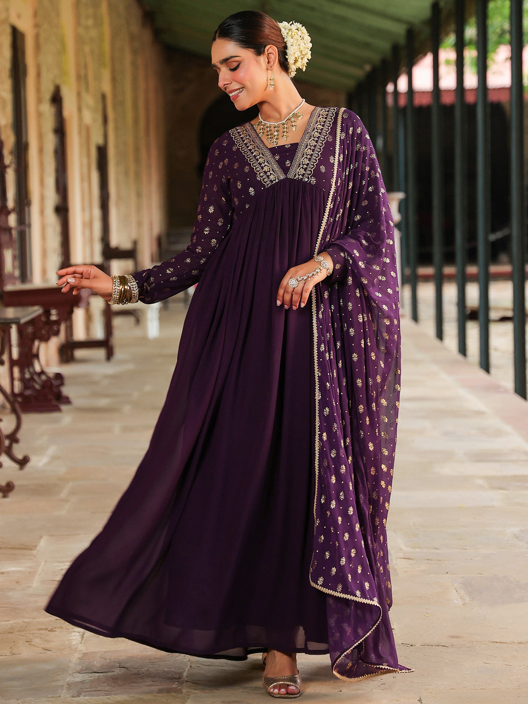 Ninnique Women's Purple Georgette Embellished Foil Printed Gathered Kurta With Dupatta Set