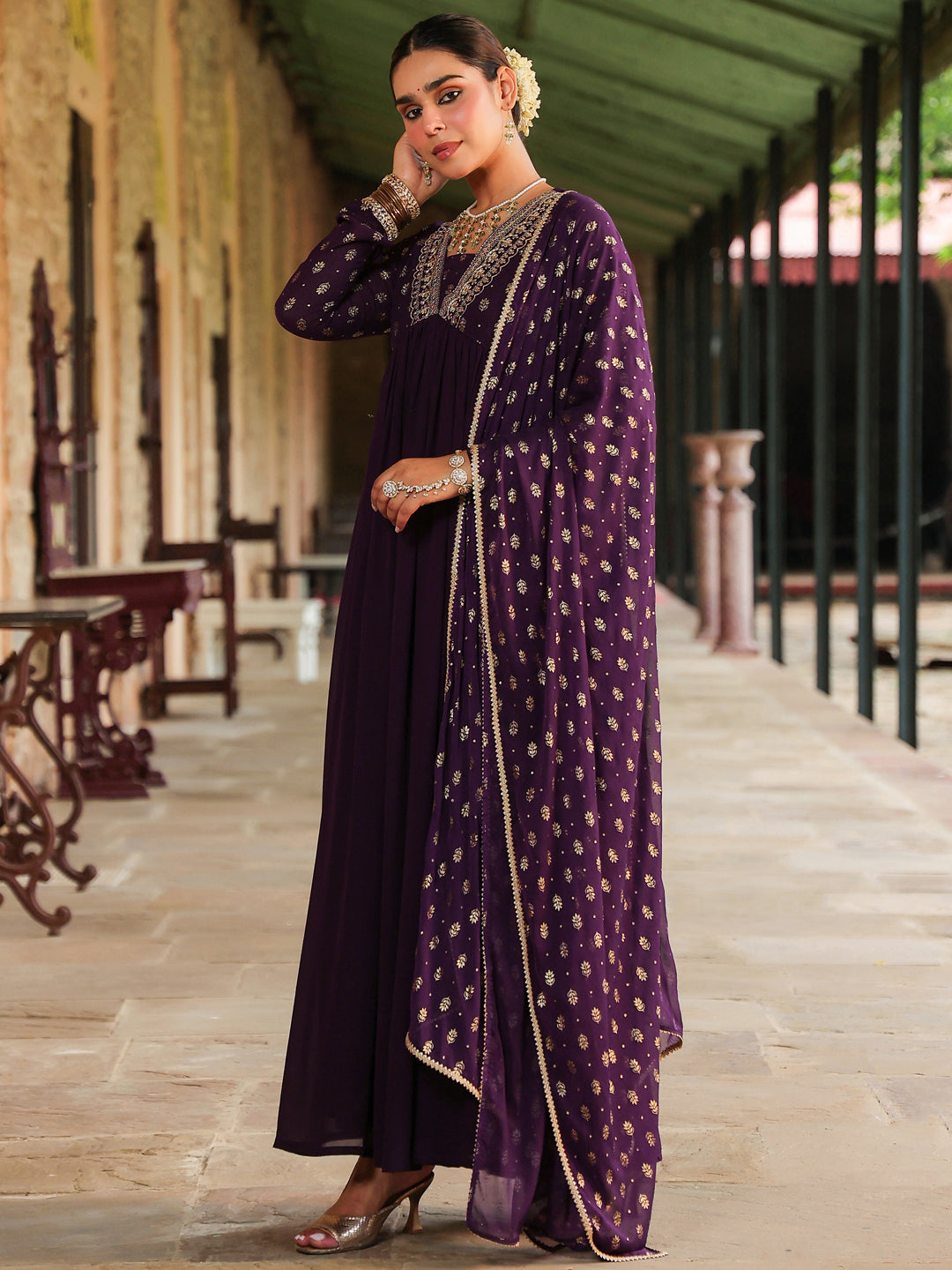 Ninnique Women's Purple Georgette Embellished Foil Printed Gathered Kurta With Dupatta Set