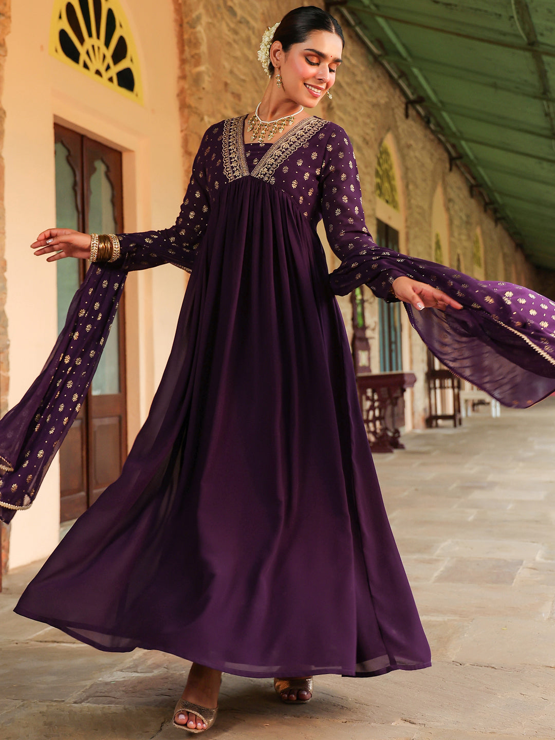 Ninnique Women's Purple Georgette Embellished Foil Printed Gathered Kurta With Dupatta Set