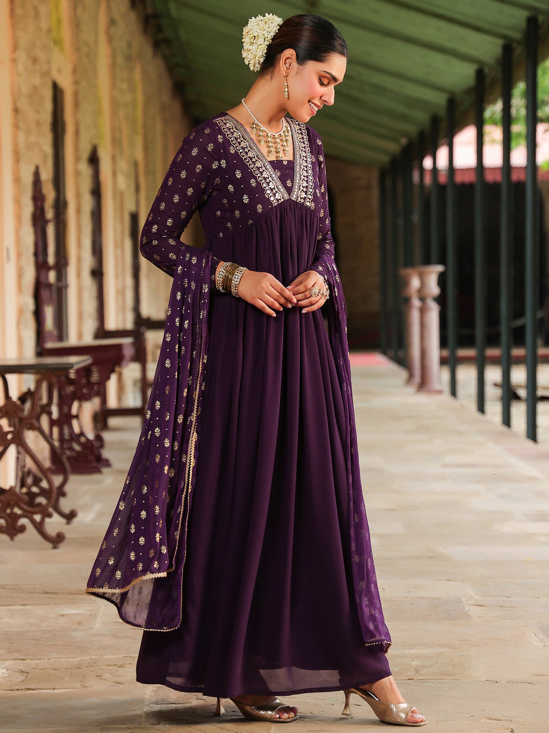 Ninnique Women's Purple Georgette Embellished Foil Printed Gathered Kurta With Dupatta Set